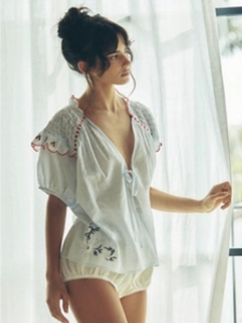 Anthropologie White Puff-Sleeve Embroidered Blouse with Red Trim - Picture 2 of 4
